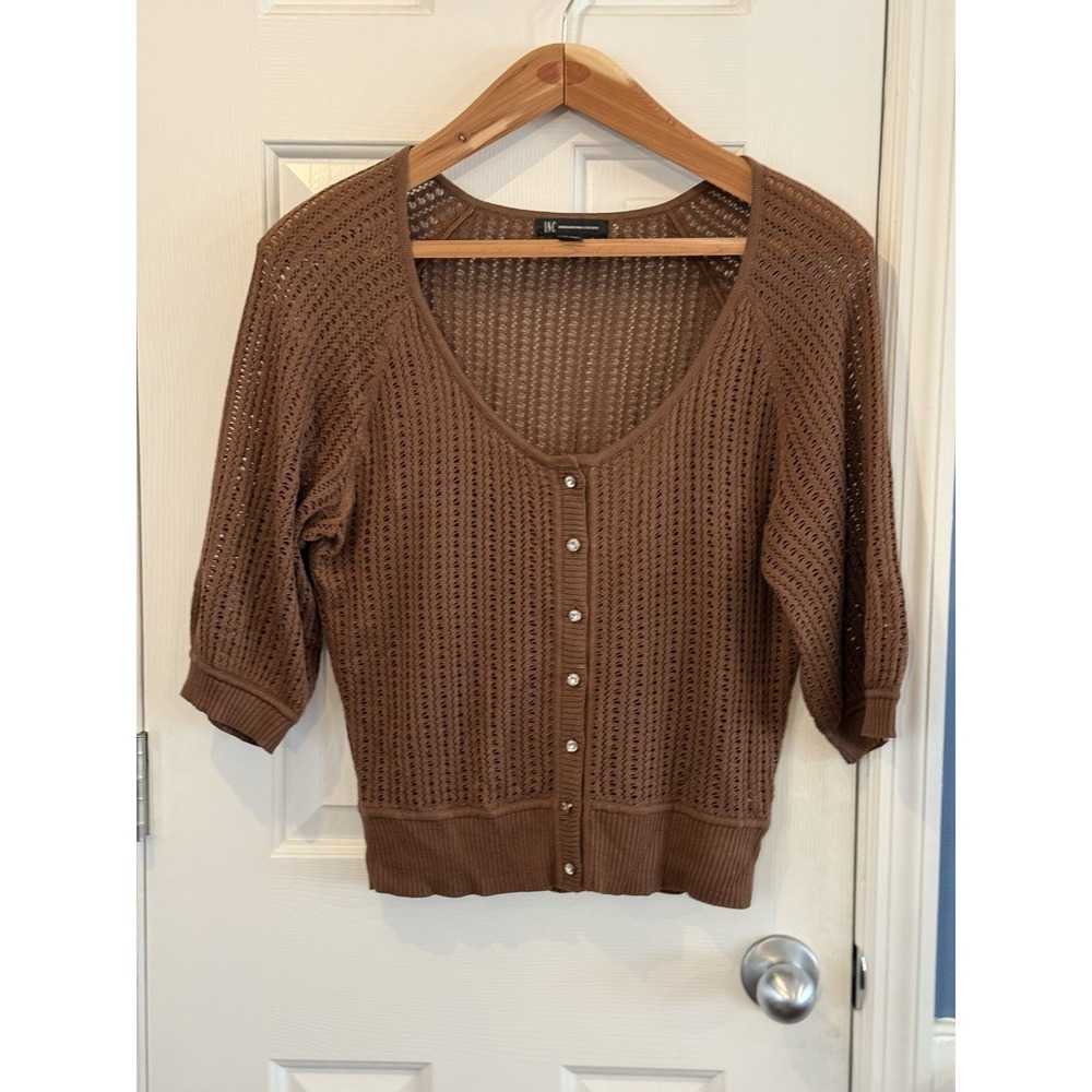INC Chocolate Brown Open-Knit Cardigan‎ XL Silk Cotton Boho Chic Spring Summer